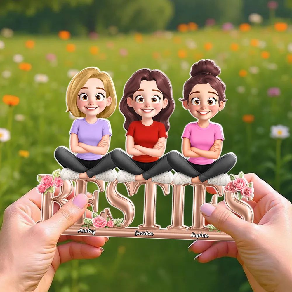 Besties Sisters Sitting On Text 3D Effect Personalized Acrylic Block Plaque
