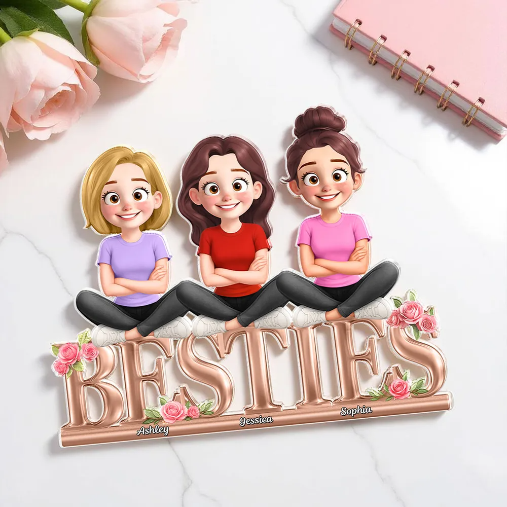 Besties Sisters Sitting On Text 3D Effect Personalized Acrylic Block Plaque