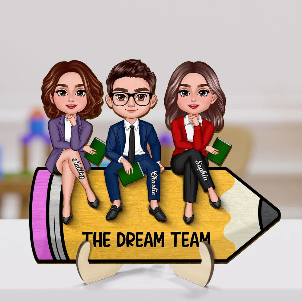 Doll Teacher Best Friends Colleagues Sitting On Pencil Personalized 2-Layer Wooden Plaque, Back To School Gift, Teacher Appreciation Gift, Classroom Decor