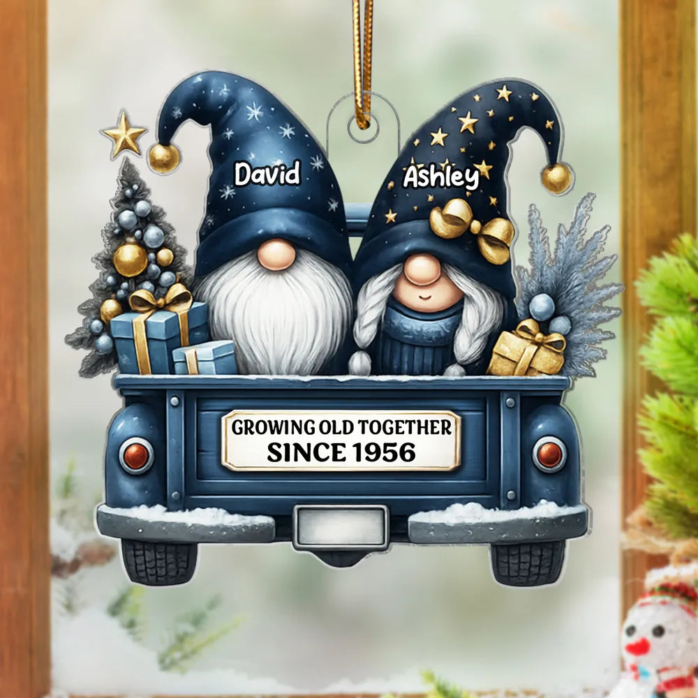 Gnome Couple Growing Old Together Personalized Acrylic Christmas Ornament, Gift for Couple, Christmas Keepsake