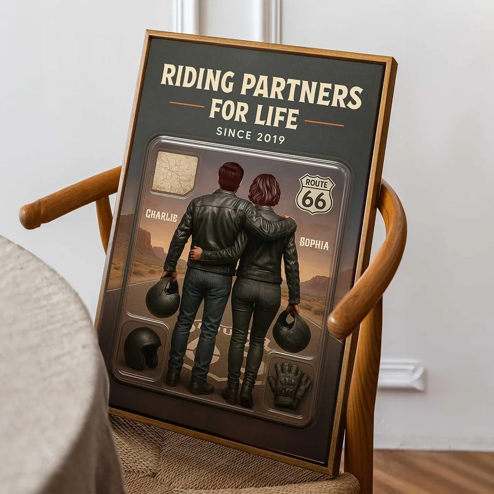 3D Effect Custom Figure Couple Bikers Riding Partners For Life Personalized Poster| Heartfelt Gift For Bikers