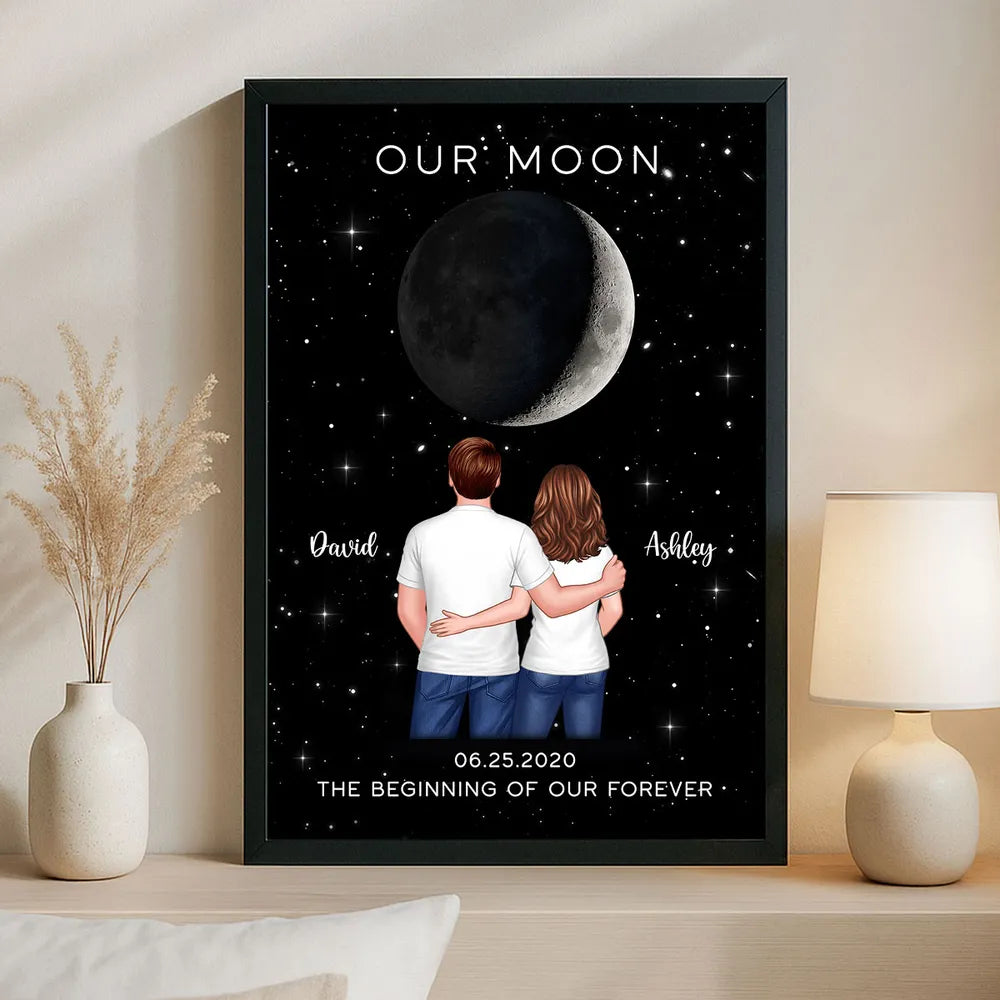 Couple Hugging Standing Moon Moon Phase Art Personalized Poster, Anniversary gift for him, for her