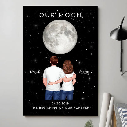 Couple Hugging Standing Moon Moon Phase Art Personalized Poster, Anniversary gift for him, for her