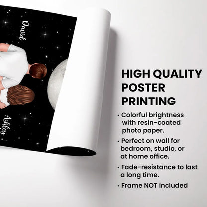 Couple Hugging Standing Moon Moon Phase Art Personalized Poster, Anniversary gift for him, for her