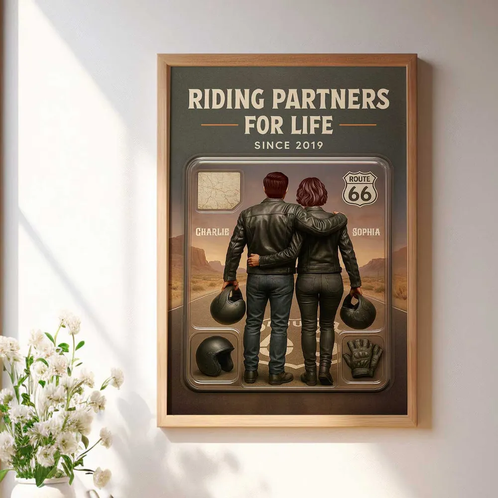 3D Effect Custom Figure Couple Bikers Riding Partners For Life Personalized Poster| Heartfelt Gift For Bikers