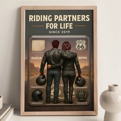 3D Effect Custom Figure Couple Bikers Riding Partners For Life Personalized Poster| Heartfelt Gift For Bikers