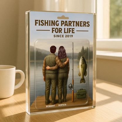 3D Effect Custom Figure Couple Fishing Partners For Life Personalized Rectangle Acrylic Block Plaque