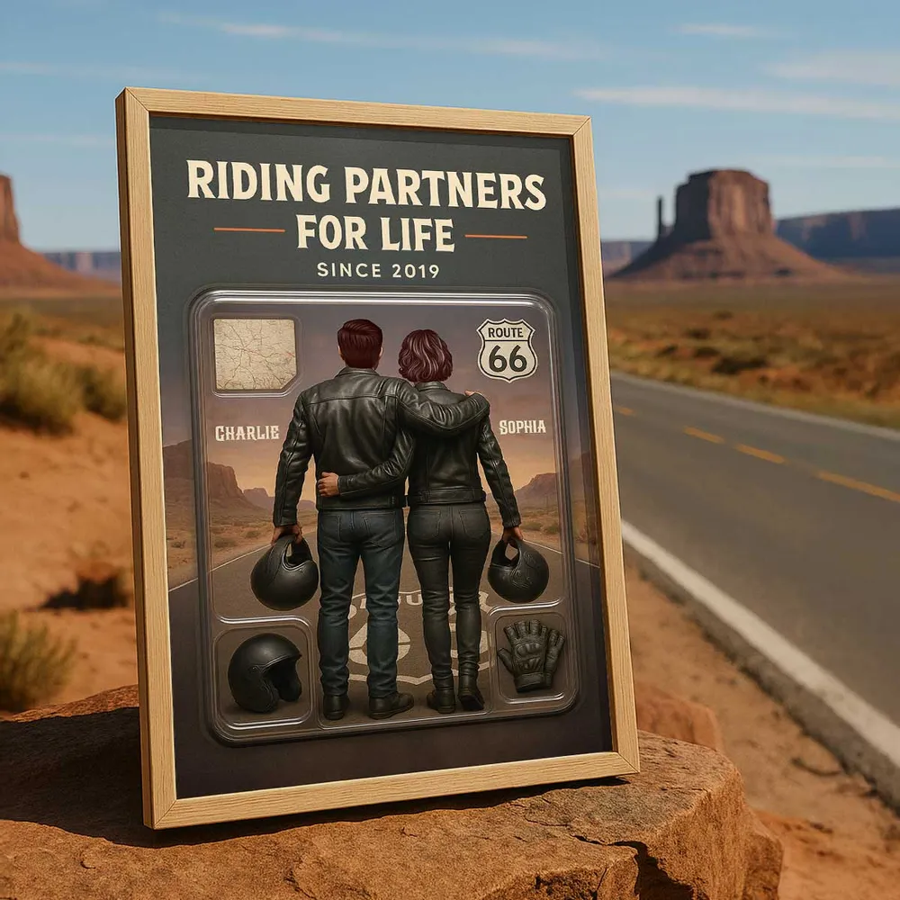 3D Effect Custom Figure Couple Bikers Riding Partners For Life Personalized Poster| Heartfelt Gift For Bikers