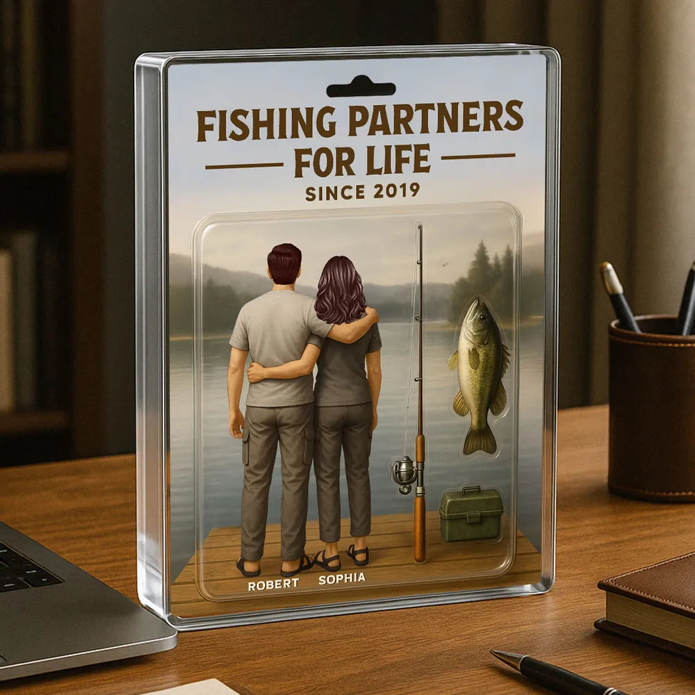 3D Effect Custom Figure Couple Fishing Partners For Life Personalized Rectangle Acrylic Block Plaque