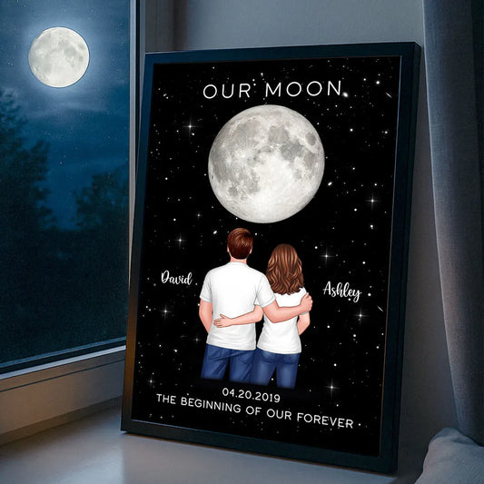 Couple Hugging Standing Moon Moon Phase Art Personalized Poster, Anniversary gift for him, for her