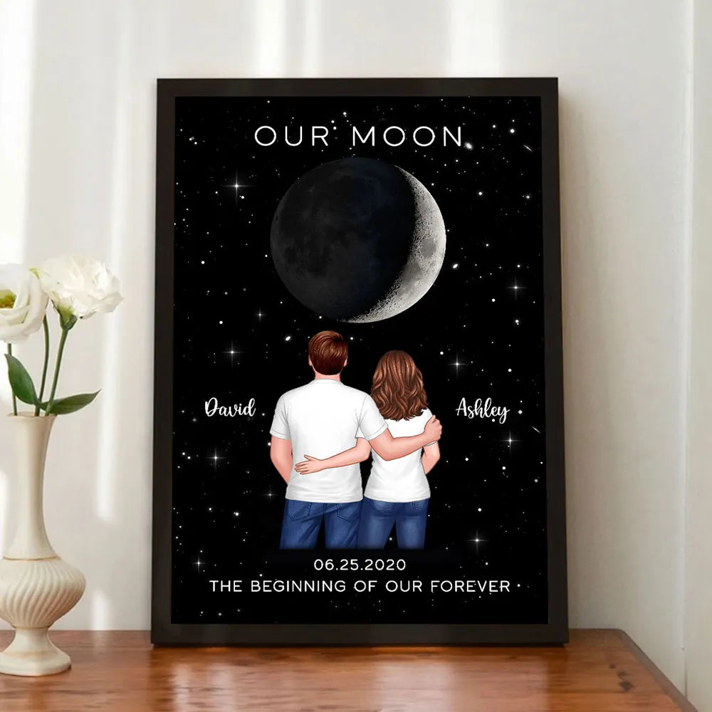 Couple Hugging Standing Moon Moon Phase Art Personalized Poster, Anniversary gift for him, for her