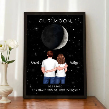 Couple Hugging Standing Moon Moon Phase Art Personalized Poster, Anniversary gift for him, for her