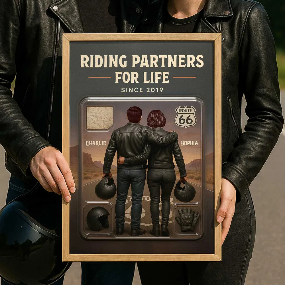 3D Effect Custom Figure Couple Bikers Riding Partners For Life Personalized Poster| Heartfelt Gift For Bikers