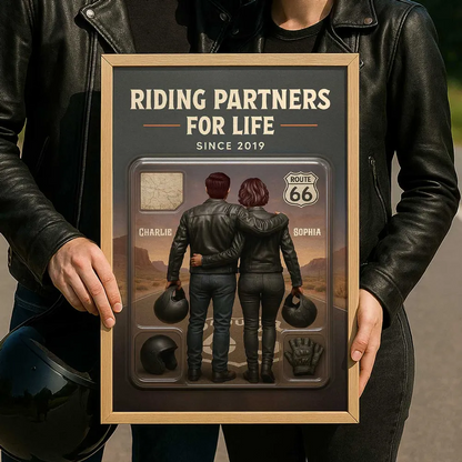 3D Effect Custom Figure Couple Bikers Riding Partners For Life Personalized Poster| Heartfelt Gift For Bikers