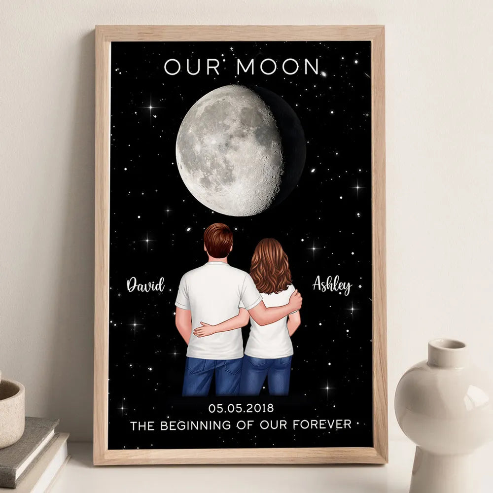 Couple Hugging Standing Moon Moon Phase Art Personalized Poster, Anniversary gift for him, for her