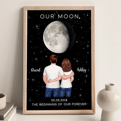 Couple Hugging Standing Moon Moon Phase Art Personalized Poster, Anniversary gift for him, for her