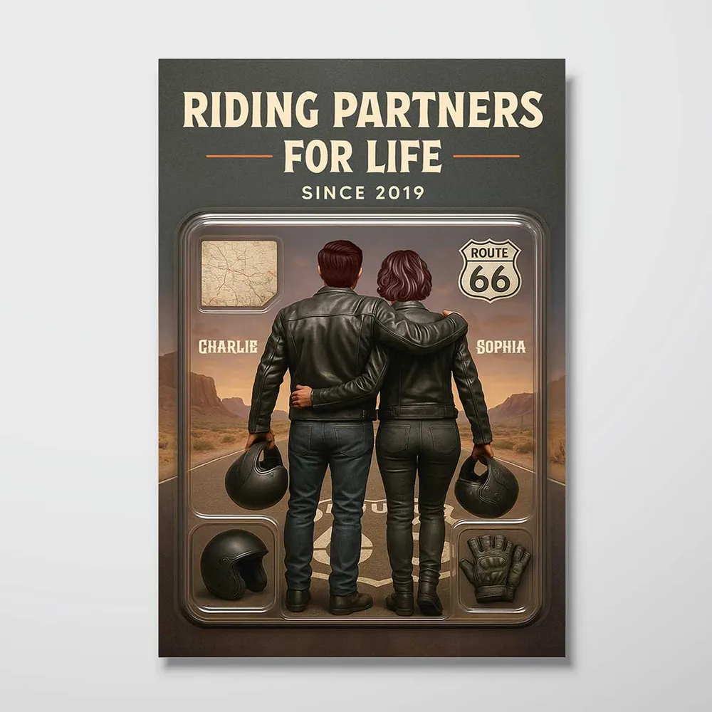 3D Effect Custom Figure Couple Bikers Riding Partners For Life Personalized Poster| Heartfelt Gift For Bikers