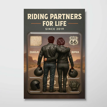3D Effect Custom Figure Couple Bikers Riding Partners For Life Personalized Poster| Heartfelt Gift For Bikers