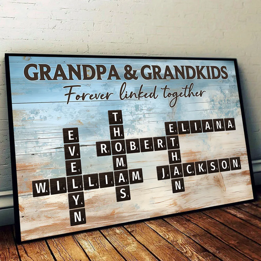 Grandpa & Grandkids Forever Linked Together Crossword Puzzle Art Rustic Personalized Poster, Heartfelt Father's Day Gift For Grandpa