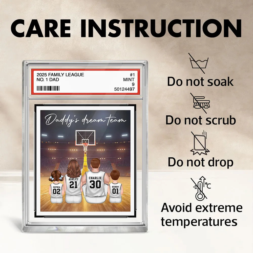 Basketball Daddy's Dream Team No. 1 Dad Man & Kids Sitting Trading Card Style Personalized Acrylic Block Plaque