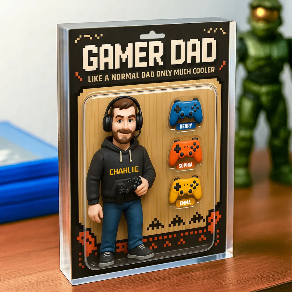 Gamer Dad Cooler 3D Effect Custom Action Figure Personalized Acrylic Block Plaque, Father's Day Gift for Gamer Dad, Gift for Husband