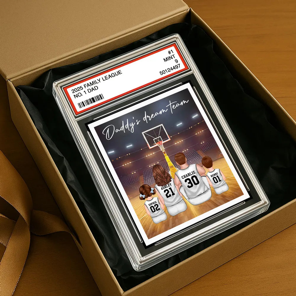 Basketball Daddy's Dream Team No. 1 Dad Man & Kids Sitting Trading Card Style Personalized Acrylic Block Plaque