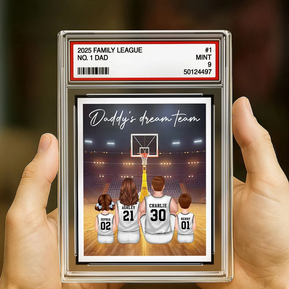 Basketball Daddy's Dream Team No. 1 Dad Man & Kids Sitting Trading Card Style Personalized Acrylic Block Plaque