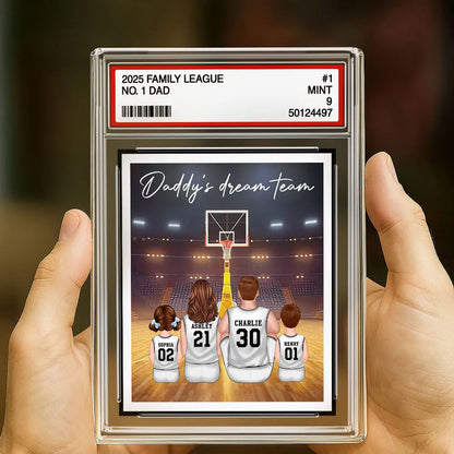 Basketball Daddy's Dream Team No. 1 Dad Man & Kids Sitting Trading Card Style Personalized Acrylic Block Plaque