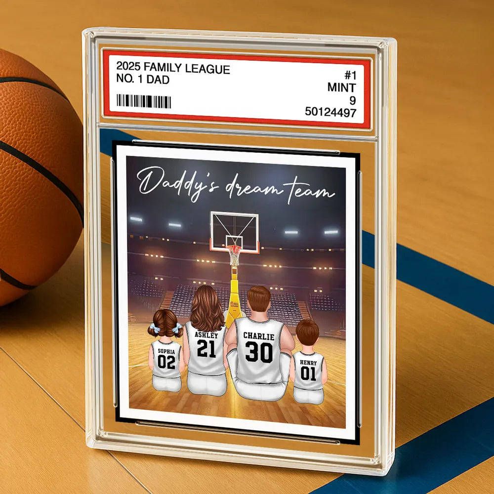Basketball Daddy's Dream Team No. 1 Dad Man & Kids Sitting Trading Card Style Personalized Acrylic Block Plaque