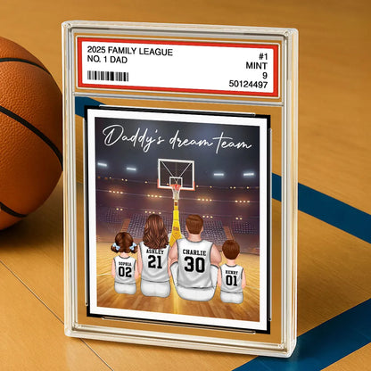 Basketball Daddy's Dream Team No. 1 Dad Man & Kids Sitting Trading Card Style Personalized Acrylic Block Plaque