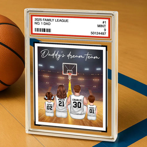 Basketball Daddy's Dream Team No. 1 Dad Man & Kids Sitting Trading Card Style Personalized Acrylic Block Plaque