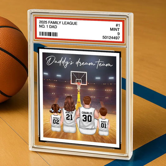 Basketball Daddy's Dream Team No. 1 Dad Man & Kids Sitting Trading Card Style Personalized Acrylic Block Plaque