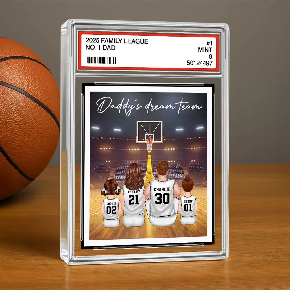 Basketball Daddy's Dream Team No. 1 Dad Man & Kids Sitting Trading Card Style Personalized Acrylic Block Plaque