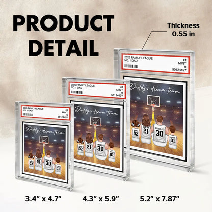 Basketball Daddy's Dream Team No. 1 Dad Man & Kids Sitting Trading Card Style Personalized Acrylic Block Plaque