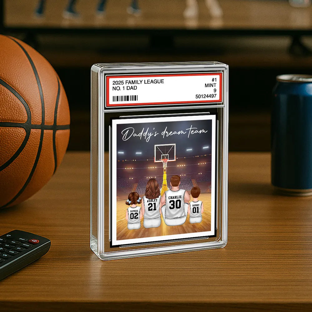 Basketball Daddy's Dream Team No. 1 Dad Man & Kids Sitting Trading Card Style Personalized Acrylic Block Plaque