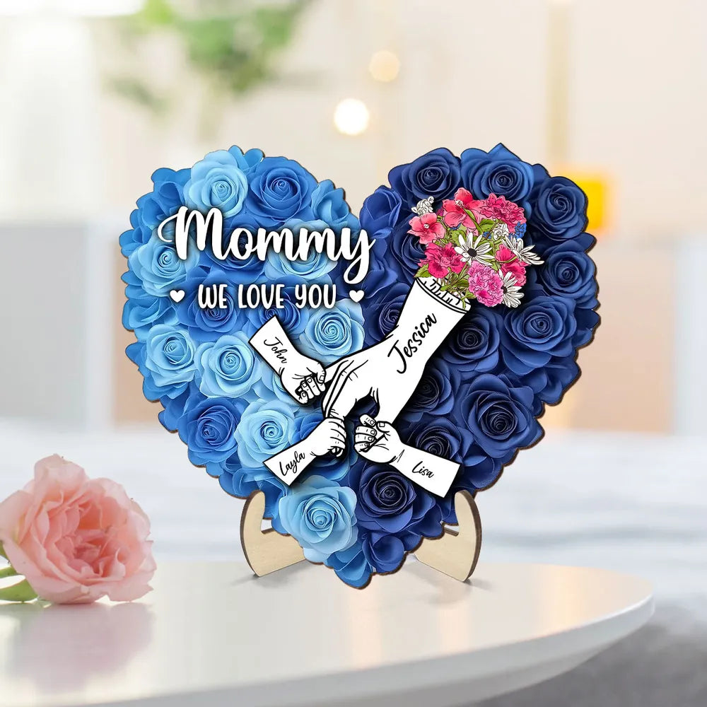 Heart Shaped 2D Roses Printed, Mother Holding Children Hands Personalized 2-Layered Wooden Plaque, Gift for Mom