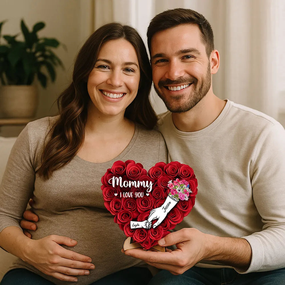 Heart Shaped 2D Roses Printed, Mother Holding Children Hands Personalized 2-Layered Wooden Plaque, Gift for Mom