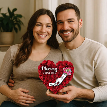 Heart Shaped 2D Roses Printed, Mother Holding Children Hands Personalized 2-Layered Wooden Plaque, Gift for Mom