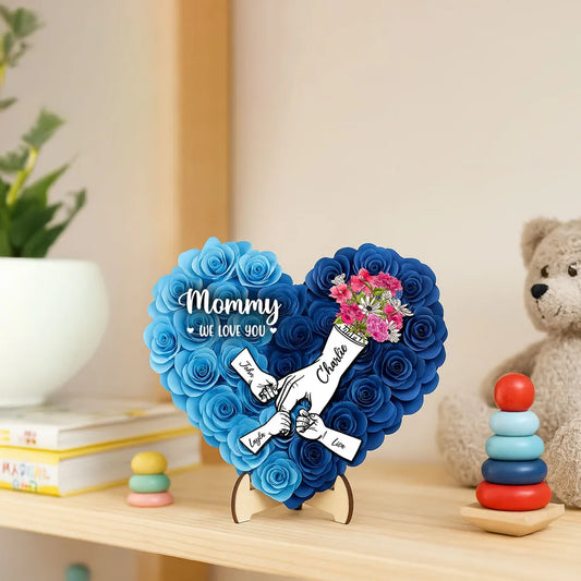 Heart Shaped 2D Roses Printed, Mother Holding Children Hands Personalized 2-Layered Wooden Plaque, Gift for Mom