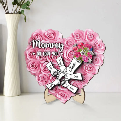 Heart Shaped 2D Roses Printed, Mother Holding Children Hands Personalized 2-Layered Wooden Plaque, Gift for Mom