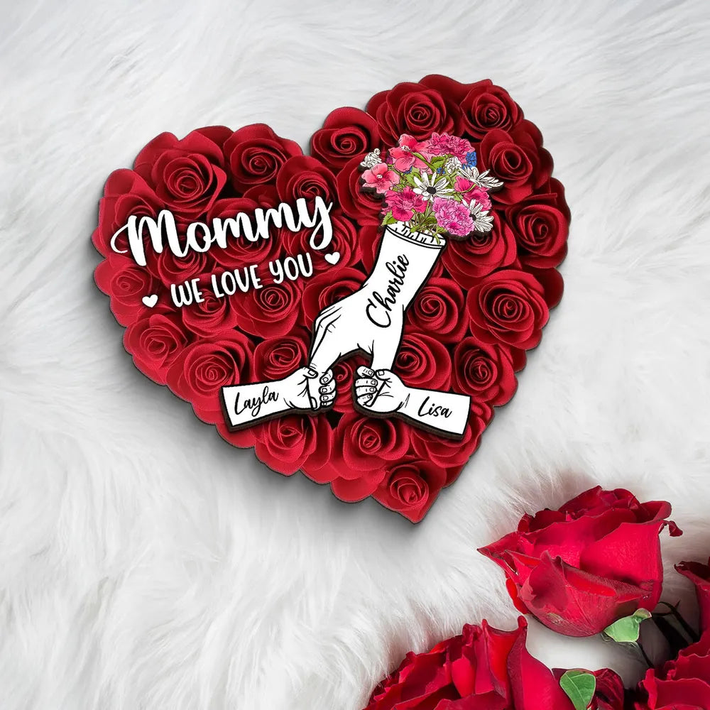 Heart Shaped 2D Roses Printed, Mother Holding Children Hands Personalized 2-Layered Wooden Plaque, Gift for Mom