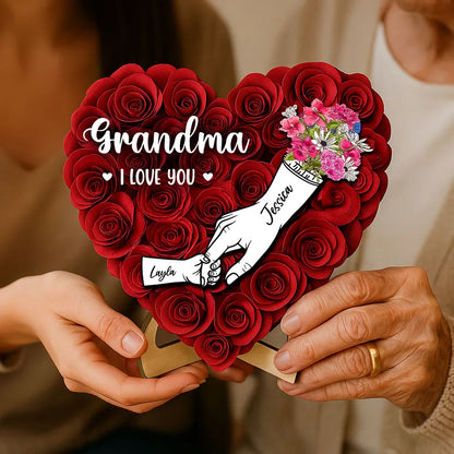 Heart Shaped 2D Roses Printed, Mother Holding Children Hands Personalized 2-Layered Wooden Plaque, Gift for Mom