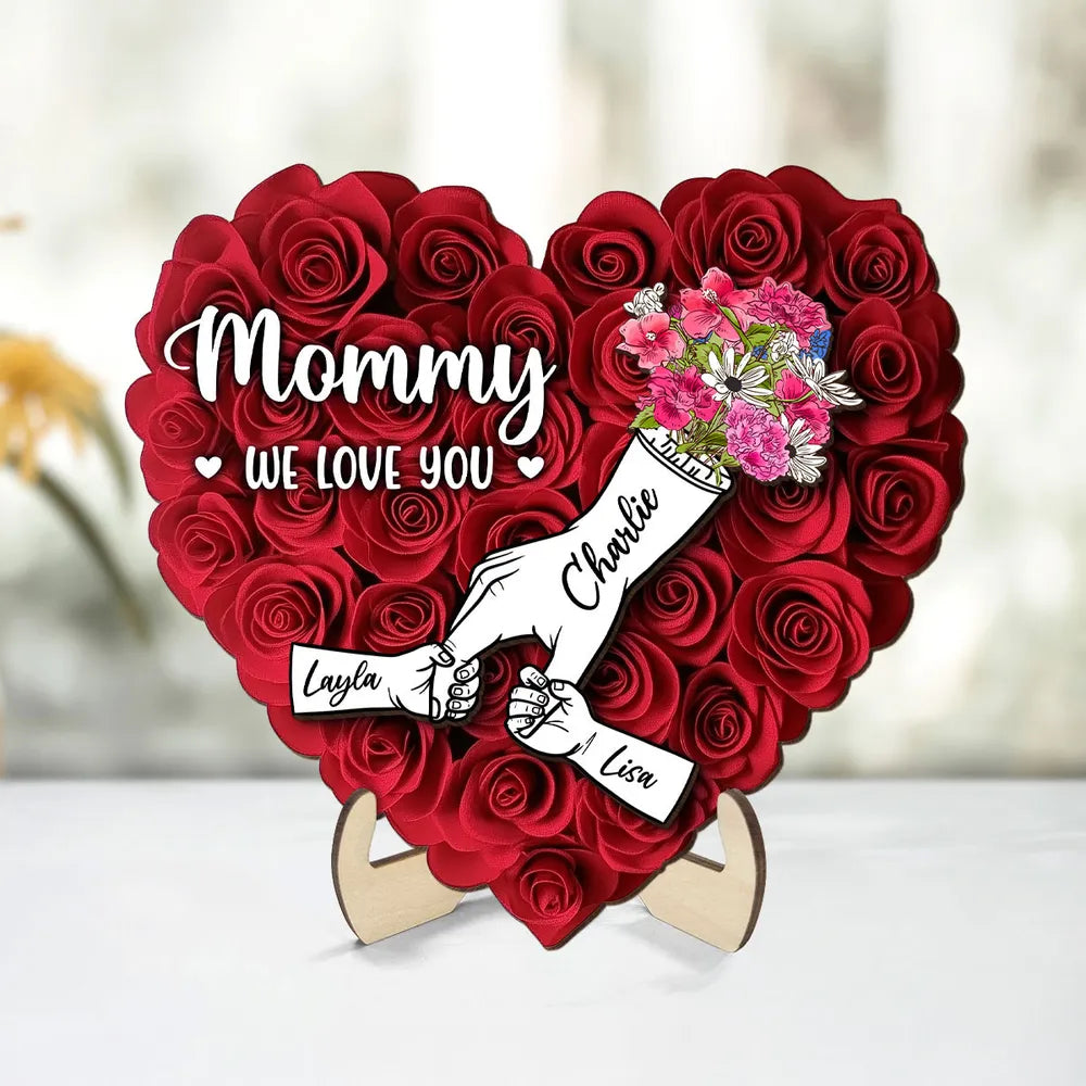 Heart Shaped 2D Roses Printed, Mother Holding Children Hands Personalized 2-Layered Wooden Plaque, Gift for Mom