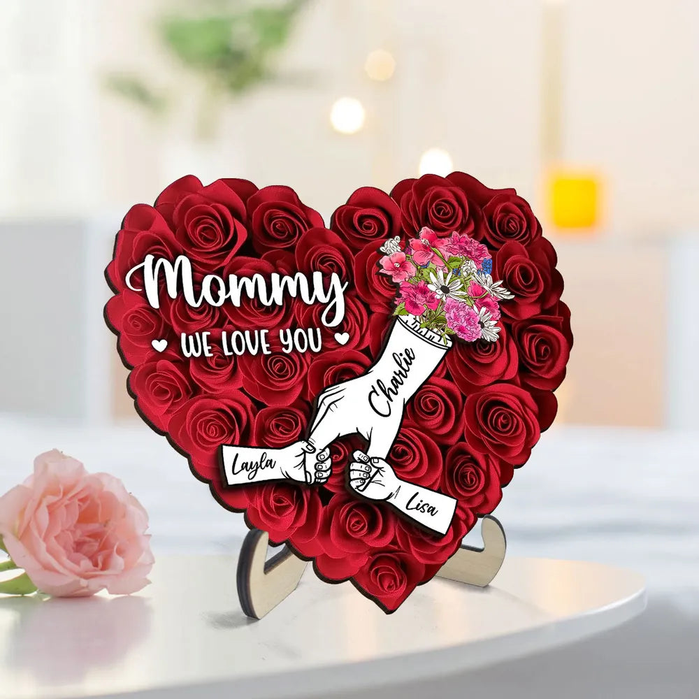 Heart Shaped 2D Roses Printed, Mother Holding Children Hands Personalized 2-Layered Wooden Plaque, Gift for Mom