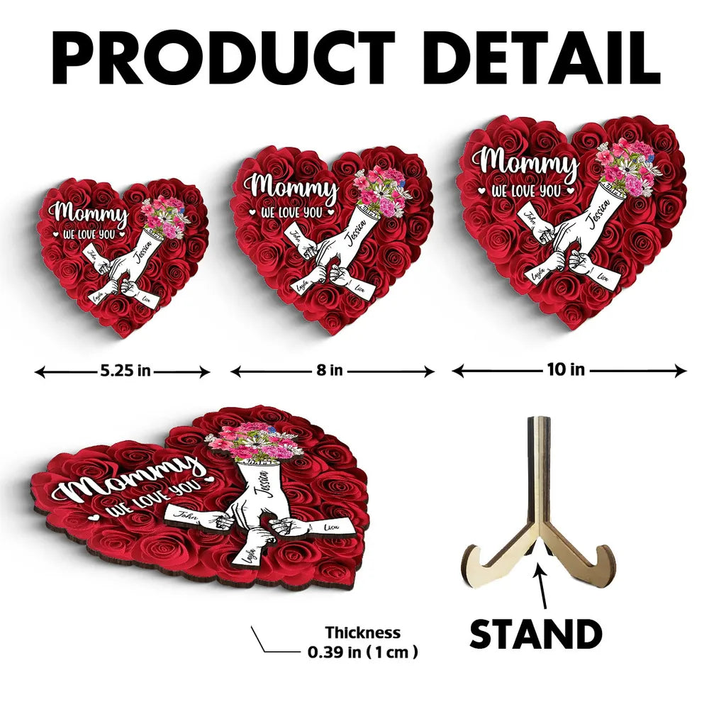 Heart Shaped 2D Roses Printed, Mother Holding Children Hands Personalized 2-Layered Wooden Plaque, Gift for Mom