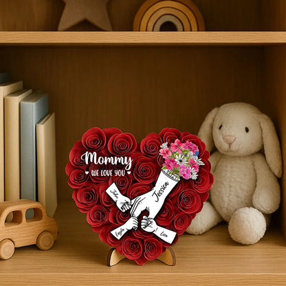 Heart Shaped 2D Roses Printed, Mother Holding Children Hands Personalized 2-Layered Wooden Plaque, Gift for Mom