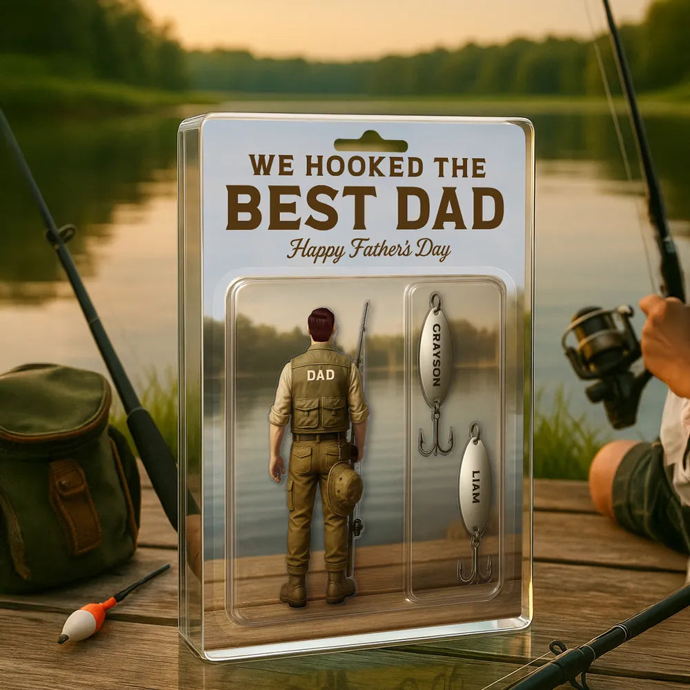 We Hooked The Best Dad Fishing With Kids' Names Custom Figure Personalized Acrylic Block Plaque, Perfect Father's Day Gift For Husband, For Dad, Fishing Lover
