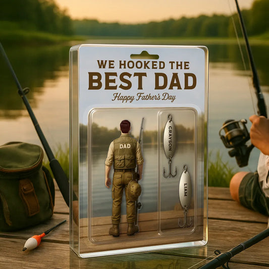 We Hooked The Best Dad Fishing With Kids' Names Custom Figure Personalized Acrylic Block Plaque, Perfect Father's Day Gift For Husband, For Dad, Fishing Lover