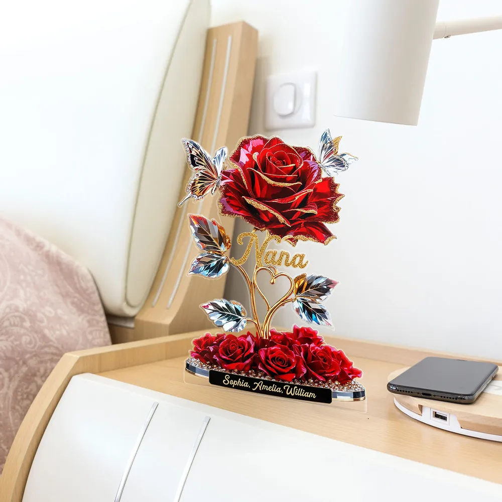 Beautiful Rose For Grandma Mom With Kids Names - 3D Effect Personalized Flat Acrylic Block Plaque