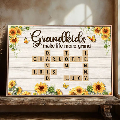 Grandkids Make Life More Grand Crossword Puzzle Sunflower Personalized Poster, Gift For Grandma